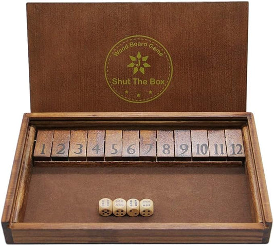 Juegoal Shut The Box Wooden Board Dice Game with 12 Numbers and Lid for Kids Adults Families, 2 Players and Up-BubblyBeeBaby