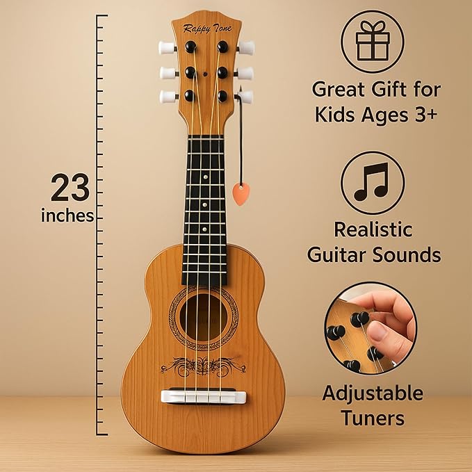 23" Acoustic Guitar, Kids 6 String Toy Guitar - Realistic Steel Strings - Beginner Practice First Musical Instrument for Children, Toddlers (Natural)-BubblyBeeBaby