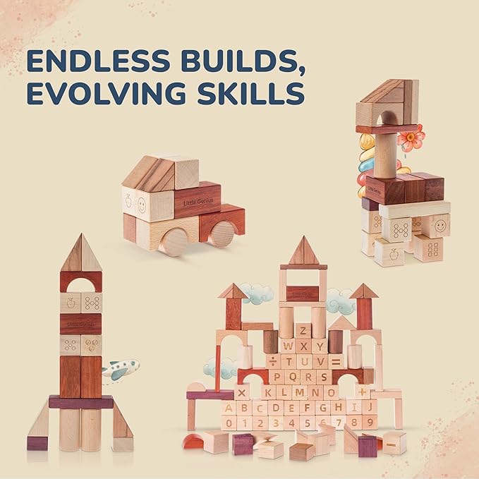 Hexagon Montessori Wooden Building Blocks – 86 Pieces FSC-Certified Beech | Alphabet & Number Blocks with Board Game, Storage Bag & 15-Challenge Guide | Stacking Toy for Kids Ages 3+-BubblyBeeBaby