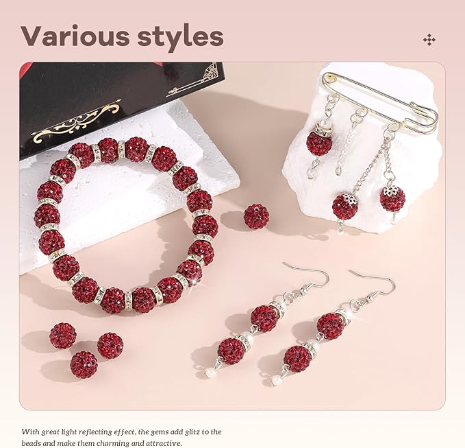 160pcs 10mm Rhinestone Beads for Jewelry Making, Dark Red Shiny Round Disco Ball Beads Bulk, Sparkle Crystal Clay Christmas for Bracelet Baseball Necklace Earring Crafting and DIY-BubblyBeeBaby