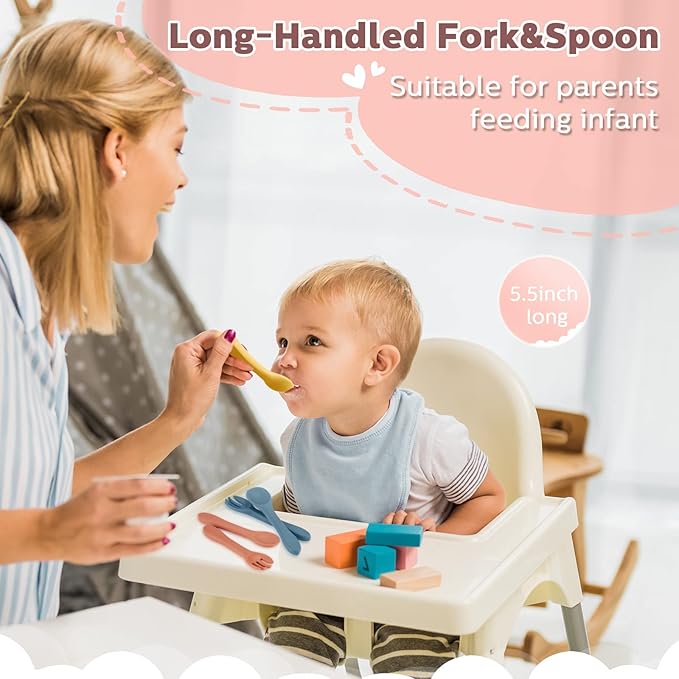 10 Pieces Baby Led Weaning Spoons and Forks Set Infant Silicone Spoon First Self Feed Baby training Utensils for Toddler First Stage Feeding Supplies for Kids Over 6 Months, 5 Pairs (Bright Colors)-BubblyBeeBaby