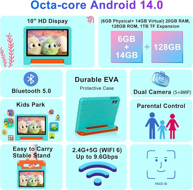 2025 Kids Tablet 10 inch Android 14 Tablets for Kid Octa-Core, 20GB+128GB (TF 1TB), Toddler Tablet with Shockproof Case, 2.4G+5G WiFi 6, Parental Control, Face Unlocked, Split Screen, BT5.0 (Green)-BubblyBeeBaby