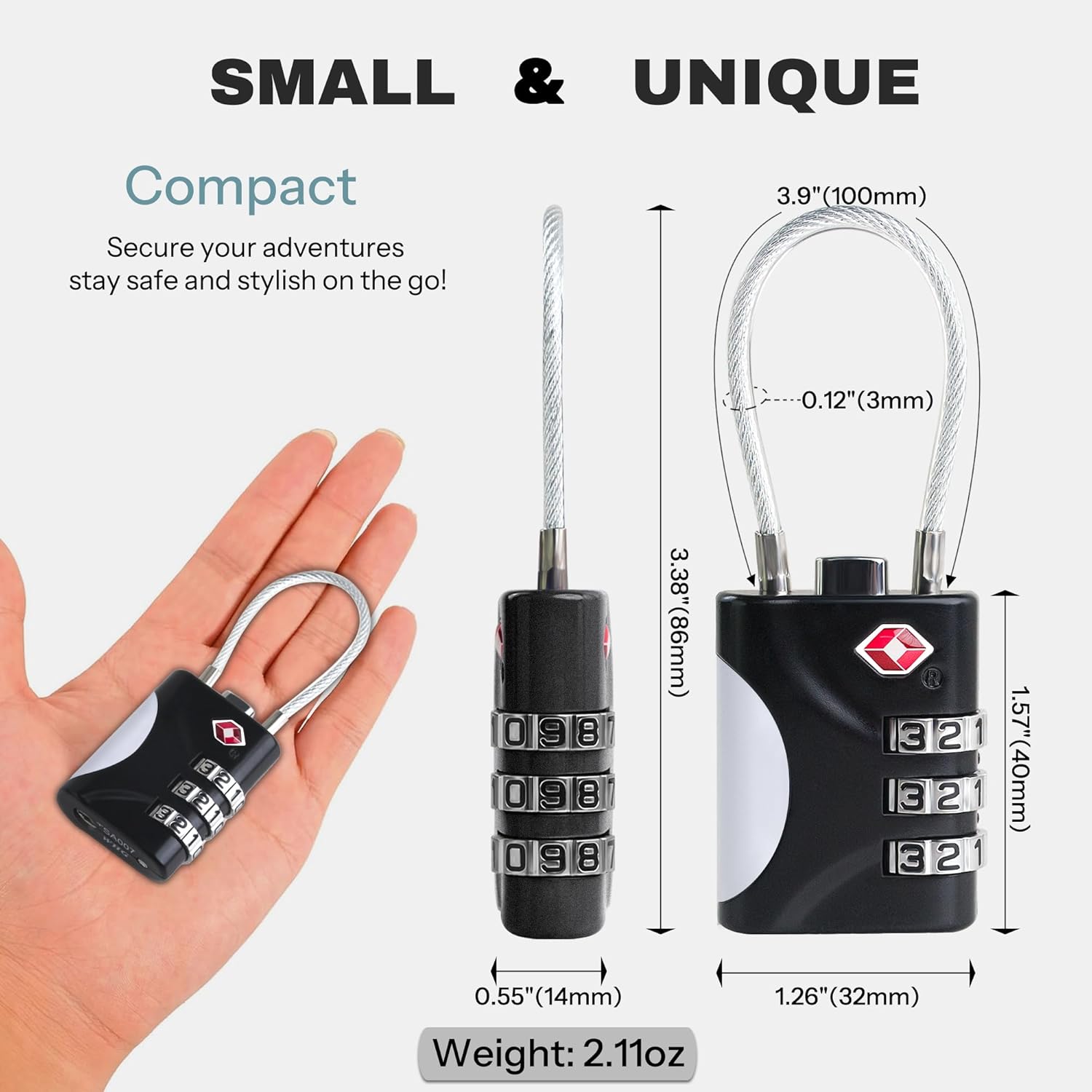 TSA Approved Luggage Locks - Small Combo Travel Padlock with Cable, TSA 007 Suitcase & Backpack Security, Durable & Easy to Use (Black+Black)