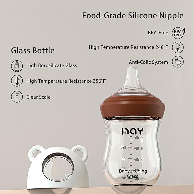 Natural Glass Baby Bottle for Breastfeeding Babies, 5.4oz Anti-Colic Baby Bottle with Natural Response Nipple(S), Clear, Wide Neck, 4 Pack, 1 Months+-BubblyBeeBaby