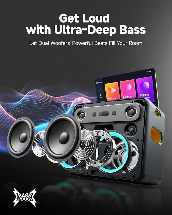 Karaoke Machine with Microphone Stand, Portable Bluetooth Speaker for Party, Backyard, Karaoke System with 2 Wireless Microphone for Adults Kids, for Women, Men, Singing Lovers-BubblyBeeBaby