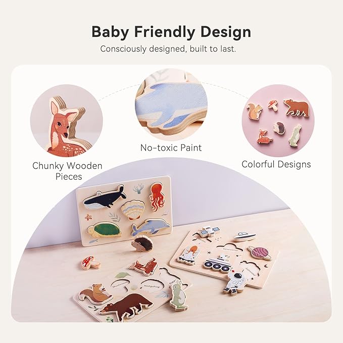 IEATFO 3 Packs Space Ocean Forest Wooden Chunky Puzzles for Toddlers, Wood Puzzle for Kids, Insert Puzzles Each Piece Fits Perfectly, Sturdy and Pegless, Educational Toys-BubblyBeeBaby