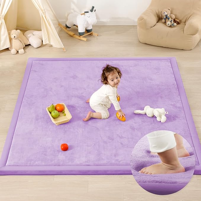 1.3" Thick Baby Play Mat for Floor, 79x79 Large Foam Tummy Time Mat, Padded Support Soft Plush Nursery Rug for Infant Kids Toddler Crawling Kick Activity (Lavender)-BubblyBeeBaby