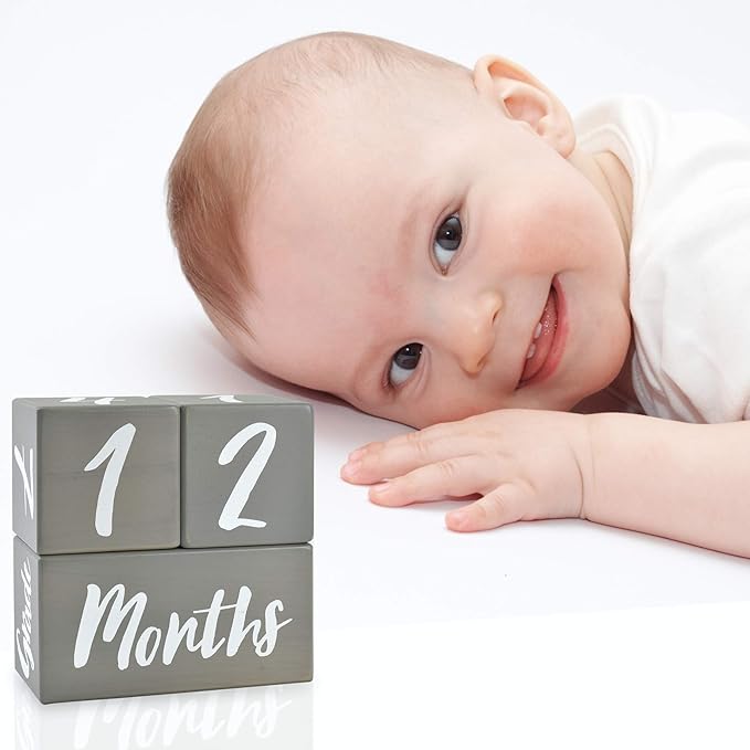 I'm Solid Wood Weekly Monthly Yearly Baby Milestone Age Blocks, Gender Neutral, Newborn Gifts & Keepsakes for Picture Props (3 Pcs/Grey)-BubblyBeeBaby