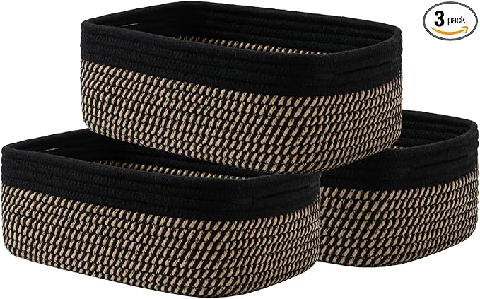 KALLAX Small Woven Basket, 12 x 8 x 4.5 Inches, Storage Basket for Organizing, Cute Small Rope Shelf Closet Cube Storage Bins Baskets for Shelves, Dog Toy Gift Baskets Empty, 3 Pack Black & Brown-BubblyBeeBaby