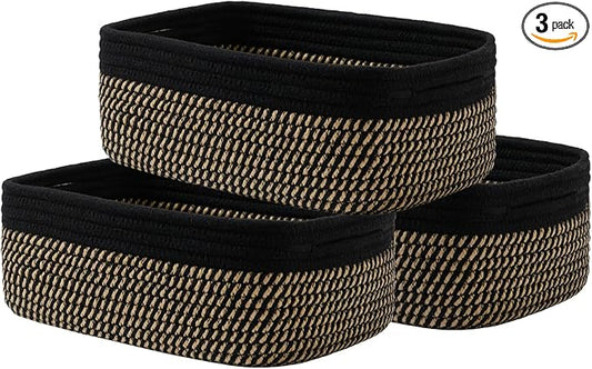 KALLAX Small Woven Basket, 12 x 8 x 4.5 Inches, Storage Basket for Organizing, Cute Small Rope Shelf Closet Cube Storage Bins Baskets for Shelves, Dog Toy Gift Baskets Empty, 3 Pack Black & Brown-BubblyBeeBaby