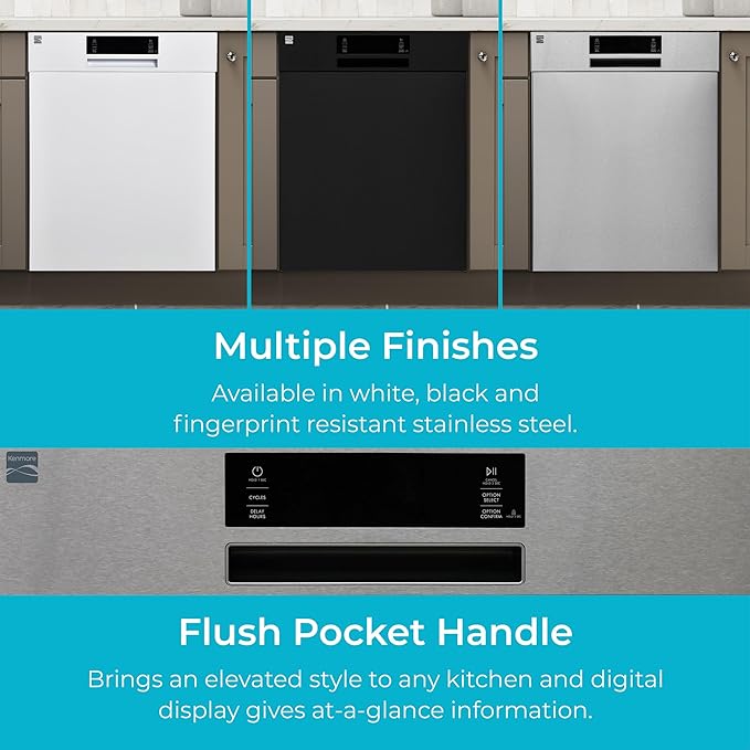 Kenmore 24" Built-in Stainless Steel Tub Dishwasher EasyFlex 3rd, SmartWash, UltraWash Plus, TurboDry, and MoreSpace Adjustable Rack, Energy Star Certified, White-BubblyBeeBaby