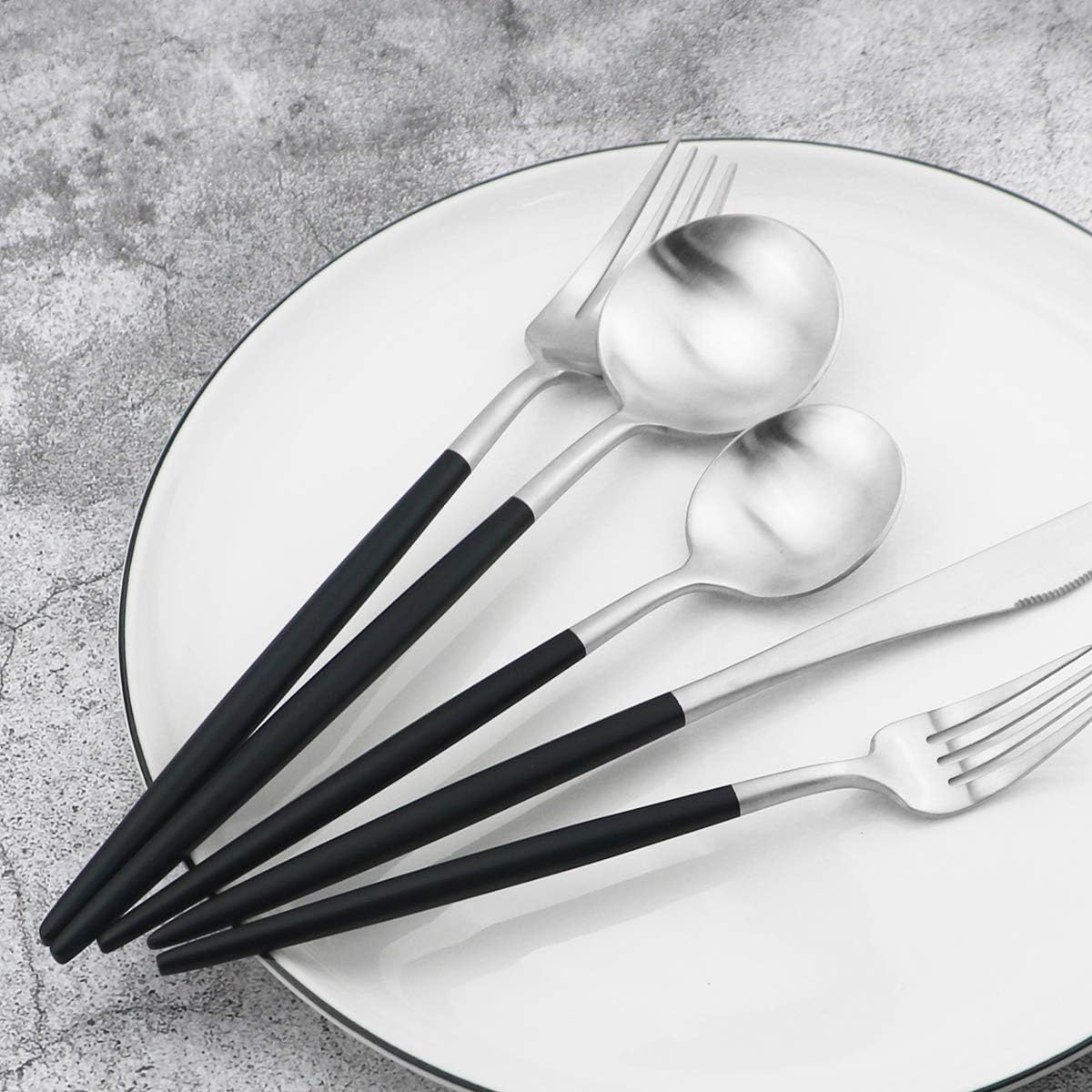 Gugrida Black Handle Matte Silver Silverware Set - 5-Piece 18/10 Stainless Steel Satin Finish Flatware, Kitchen Utensils, Tableware Travel Cutlery for Camping Office Lunch - Dishwasher Safe