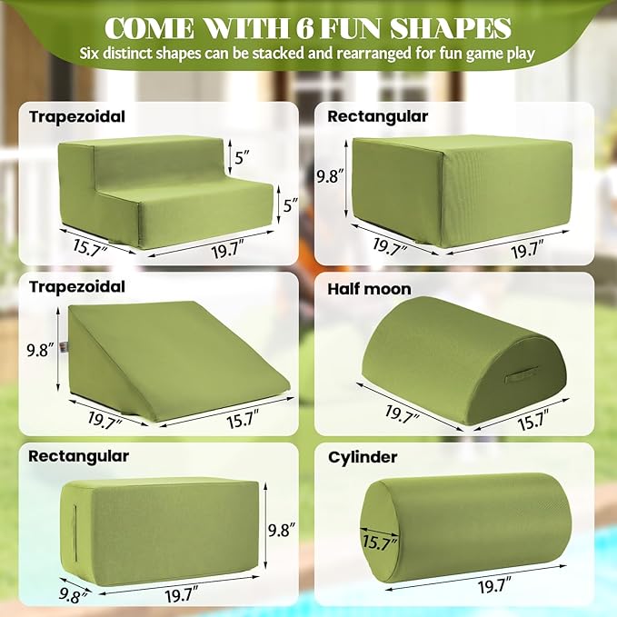 jela Foam Blocks 6Pcs Soft Play Equipment Waterproof Fabric, UV Resistant Toddler Climbing Toys Indoor& Outdoor Soft Play Climbing for Toddlers, Lightweight Climbing Blocks for Babies, Kids (Green)-BubblyBeeBaby