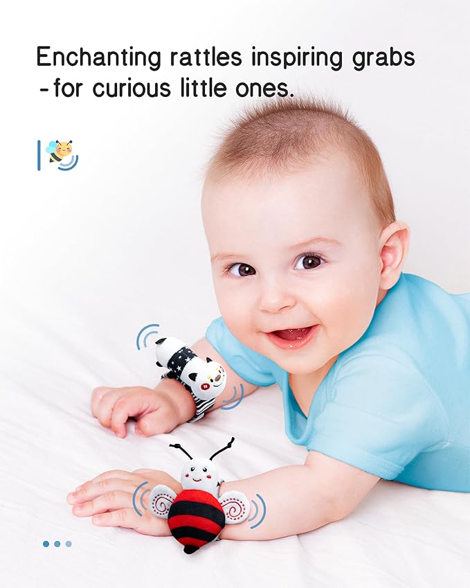 Infinno High Contrast Baby Toys Infant Rattle Socks and Wristband Set, Ideal Baby Sensery Toy Gifts for Newborn 0-12 Months, Perpect Black and White Toys for Boys and Girls As Baby Shower Gifts-BubblyBeeBaby