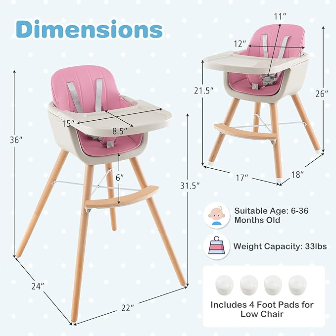 HONEY JOY High Chair, 3-in-1 Eat & Grow Wooden Highchair/Booster Seat/Toddler Chair with Removable Tray, 5-Point Harness, PU Cushion and Footrest for Baby, High Chair for Babies and Toddlers(Pink)-BubblyBeeBaby