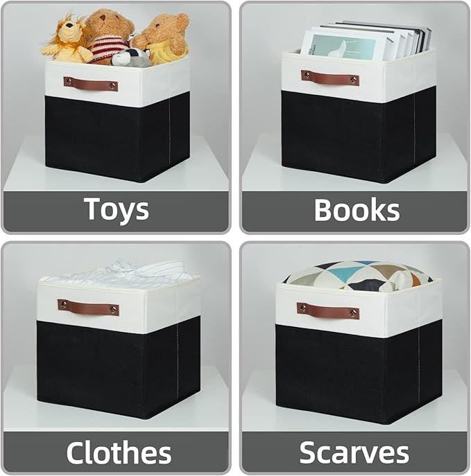 HNZIGE Cubes Storage Bins Set of 4,11 x 11 Fabric Storage Cube Baskets for Storage,Decorative Storage Bins for Shelves with Handles,Closet Clothes Baskets for Organizing Home(Black White)-BubblyBeeBaby