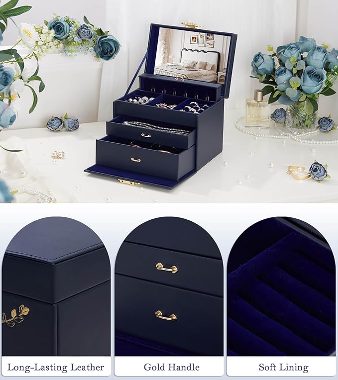 Jewelry Box with Lock for Girls: Jewelry Organizer for Dresser - 3-Drawer Earrings Storage Girls Women Gift (Dark Blue-BubblyBeeBaby