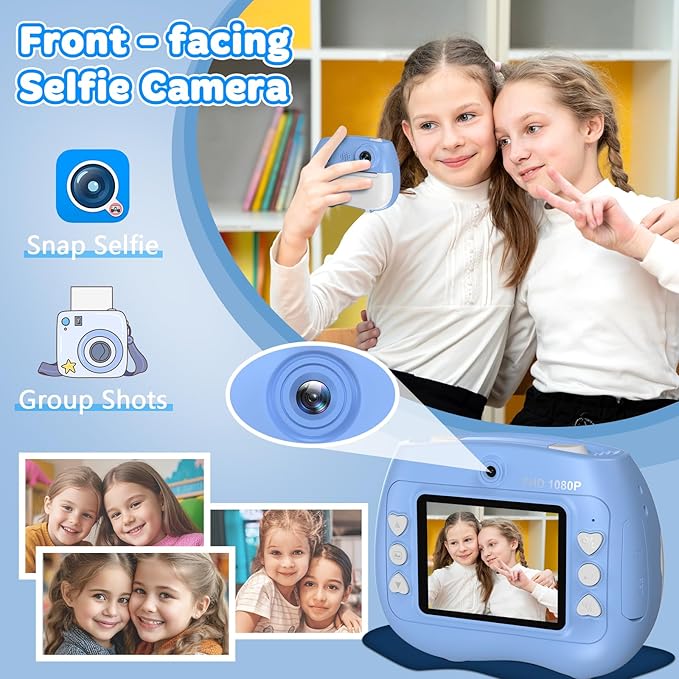 Instant Print Camera for Kids - Front Rear Dual Selfie Kid Print Camera, Fun Birthday Gift for Boys Ages 3-12, HD Digital Video Cameras, Easy to Use for Toddler - Blue-BubblyBeeBaby