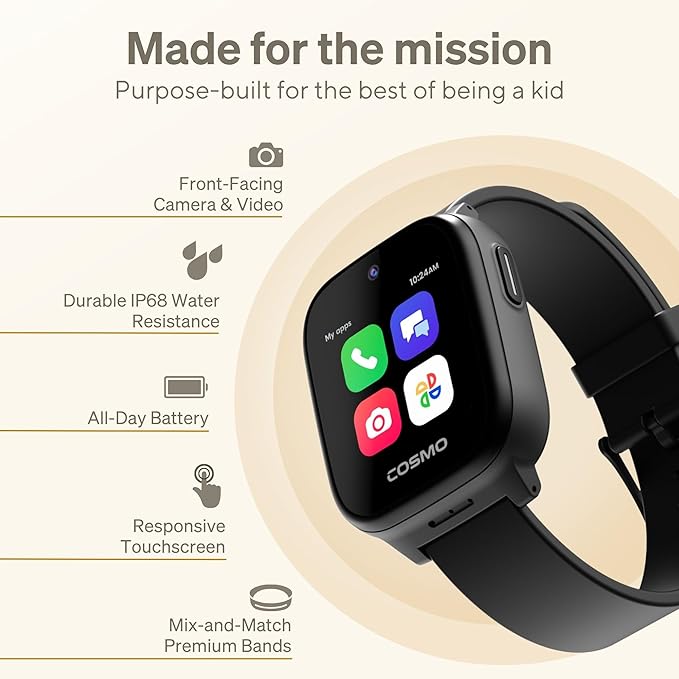 JrTrack 5 Kids Smart Watch by Cosmo | Best Kid-Safe Phone Watch | Precision Real-Time GPS Tracking | Call, Text, Activity, School Settings | Spotify Music | Parental Controls | SOS & Safety Alerts-BubblyBeeBaby