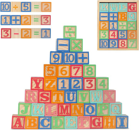 Joqutoys ABC Wooden Building Blocks for Toddlers 3 Large, 40 PCS Alphabet & Number Stacking Blocks with Storage Tray, Montessori Educational Learning Toys for Boys Girls Kids Gifts 1.65"-BubblyBeeBaby