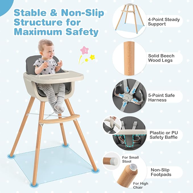 HONEY JOY Baby High Chair, 6-in-1 Eat & Grow Wooden Highchair/Toddler Chair with Removable Tray, 5-Point Harness, PU Cushion and Footrest, Convertible High Chair for Babies and Toddlers(Dark Gray)-BubblyBeeBaby