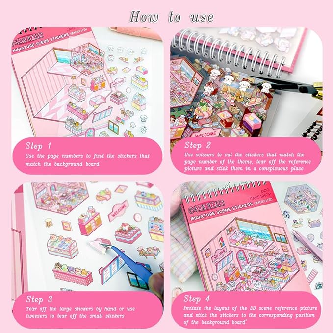20 Sets DIY 3D Sticker Scenes for Adults with Tweezer, Kawaii 3D House Miniature Sticker Therapy, Make Your Own Mini Room Scene Collection Book for Adult Kids Relief Stress Pass The Time-BubblyBeeBaby
