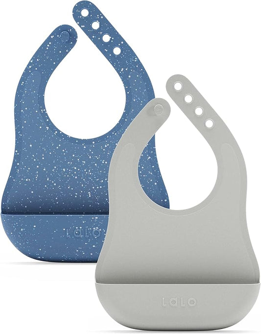 Lalo The Bib - Waterproof, Non-Toxic Silicone Baby Bib with Adjustable Neck Band & Silicone Food Pouch Catcher, Set of 2-BubblyBeeBaby