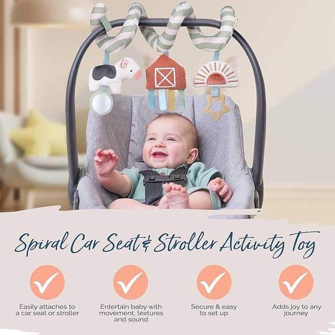 Itzy Ritzy Spiral Car Seat & Stroller Activity Toy - Stroller & Car Seat Toys for Ages 0 Months and Up - Hanging Toys Include Dangling Ring, Mirror and Textured Ribbons (Farm)-BubblyBeeBaby