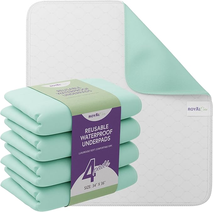 Incontinence Bed Pads - 4 Pack 34"x36" Reusable Waterproof Mattress Protectors - Highly Absorbent, Machine Washable - for Children, Pets and Seniors - Green - Royal Care-BubblyBeeBaby