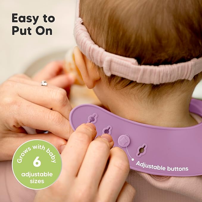 KeaBabies 2-Pack Silicone Baby Bibs for Eating - Sturdy Food-Grade Silicone Bibs for Babies Girl, Boy, Large Food Catcher, Clean & Put On Easily, Waterproof Toddler Feeding Essentials (Amethyst)-BubblyBeeBaby