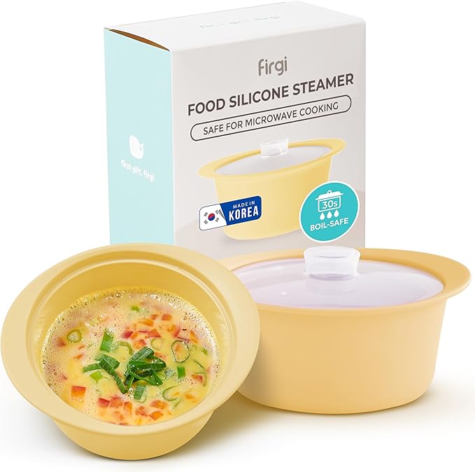 20oz Platinum Silicone Microwave Steamer Pot with Handle & Lid - Korea 100% Food-Grade Steamer Bowl, Heat-Resistant Cooker with Steam Holes, Easy Clean, Dishwasher Safe, Yellow-BubblyBeeBaby