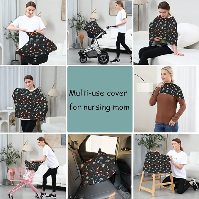 Carseat Covers Unisex - Black Creative Spacecraft Pattern Car Seat Canopy Cover for Babies, Multi-use Breastfeeding Cover, Baby Shower Gifts for Boy and Girls-BubblyBeeBaby