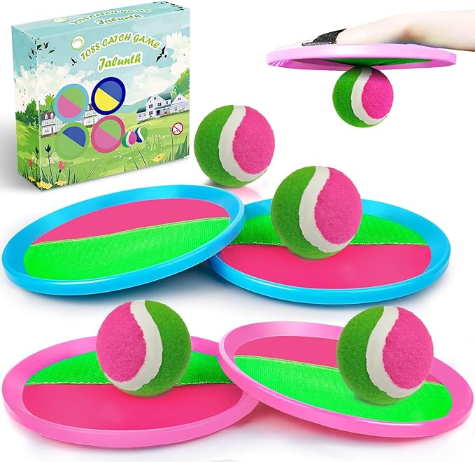 Jalunth Ball Catch Set Games Toss Paddle - Beach Toys Back Yard Outdoor Pool Backyard Camping Throw Age 3 4 5 6 7 8 9 10 11 12 Years Old Boys Girls Kids Adults Family Pink Blue Gifts 2 Pack-BubblyBeeBaby