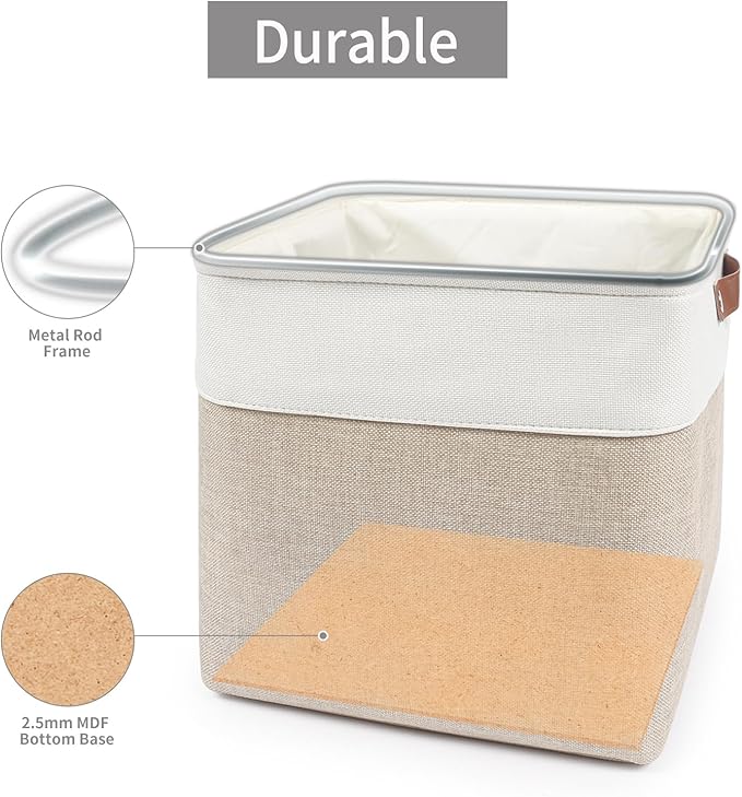 13x13 Cube Storage Bins, Collapsible Fabric Storage Box, 4 Pack Closet Baskets with Handles for Organizing, Shelf, Toys, Clothes, Home, Office, Nursery (Beige&White)-BubblyBeeBaby