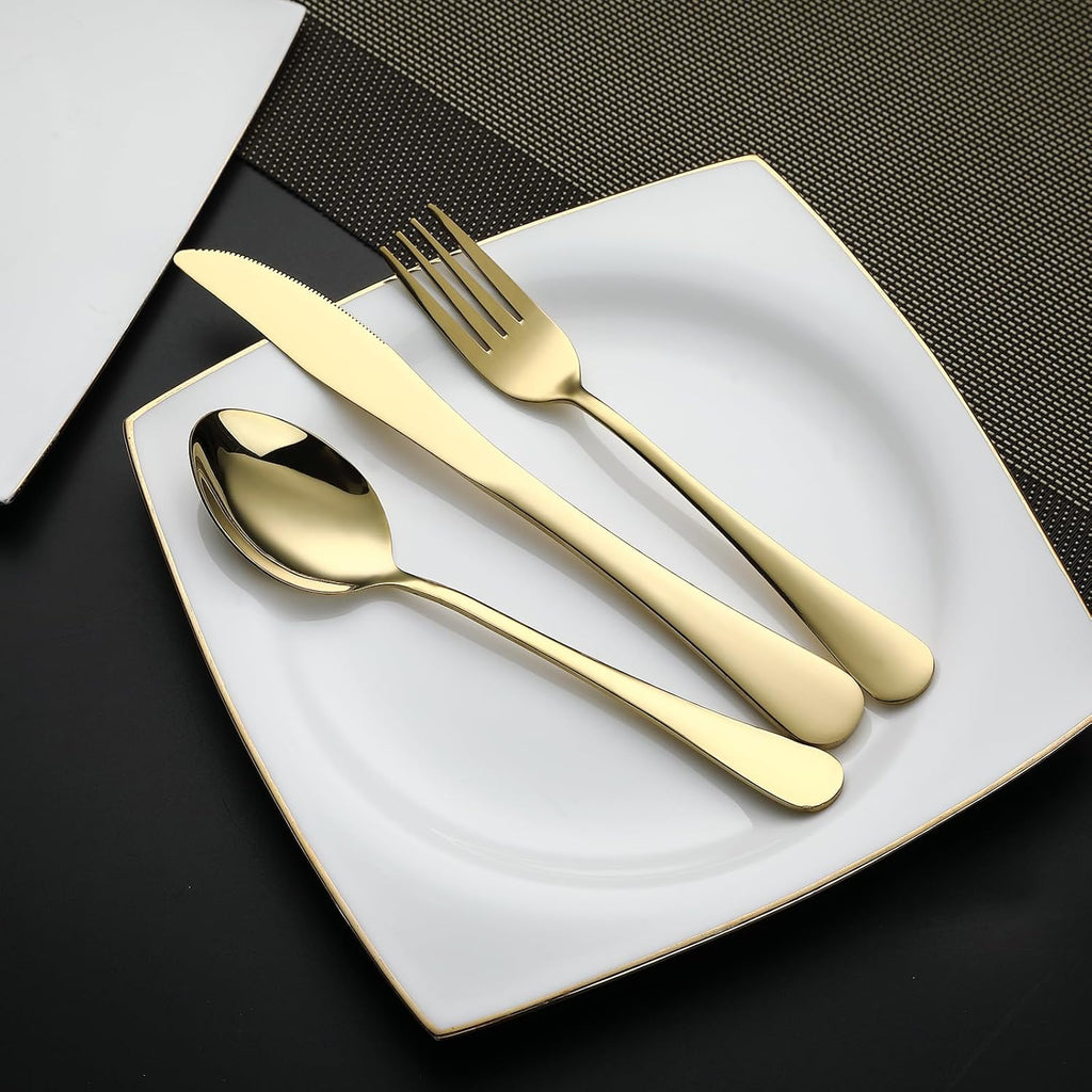 DEVICO Camping Utensils, Portable Travel Utensils with Case, Stainless Steel Reusable Silverware for Lunch Adult, 5Pcs Cutlery Set Includes Knife Spoon Fork Chopsticks and Case (Gold)