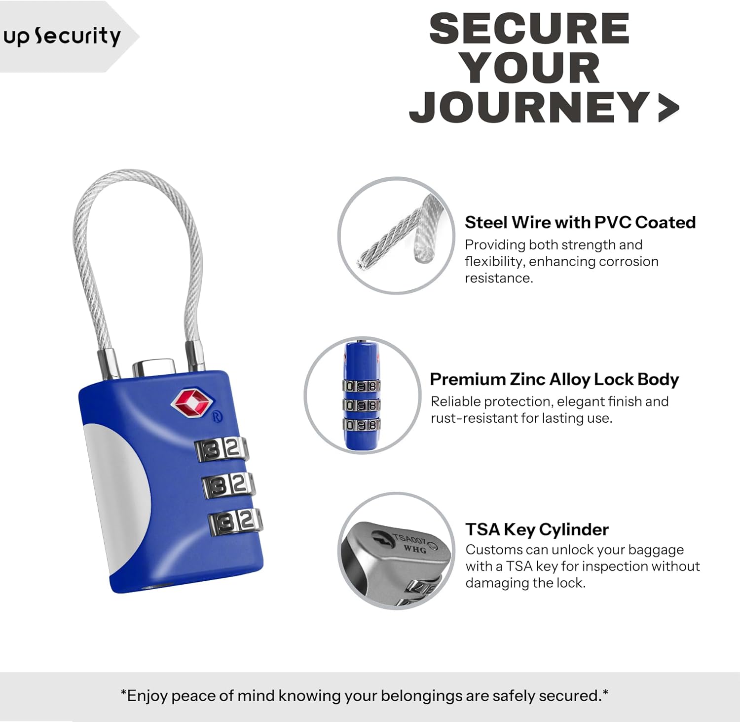 TSA Approved Locks for Luggage, Small Combo Lock with Code, Travel Padlock with Cable, TSA 007 Lock for Suitcase, Locker, Gym, Cabinet, Gun Case, Backpack, Zipper Locks for Travel (Blue)