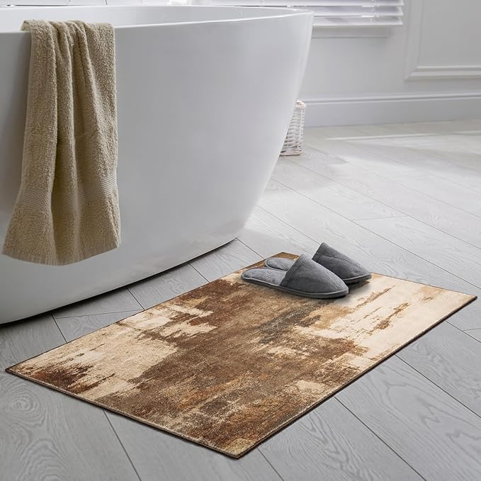 Kelarea 2x3 Brown Entryway Rug, Washable Abstract Small Rugs Non-Slip Low Pile Throw Rugs for Kitchen Floor, Front Door, Bedroom Bedside-BubblyBeeBaby