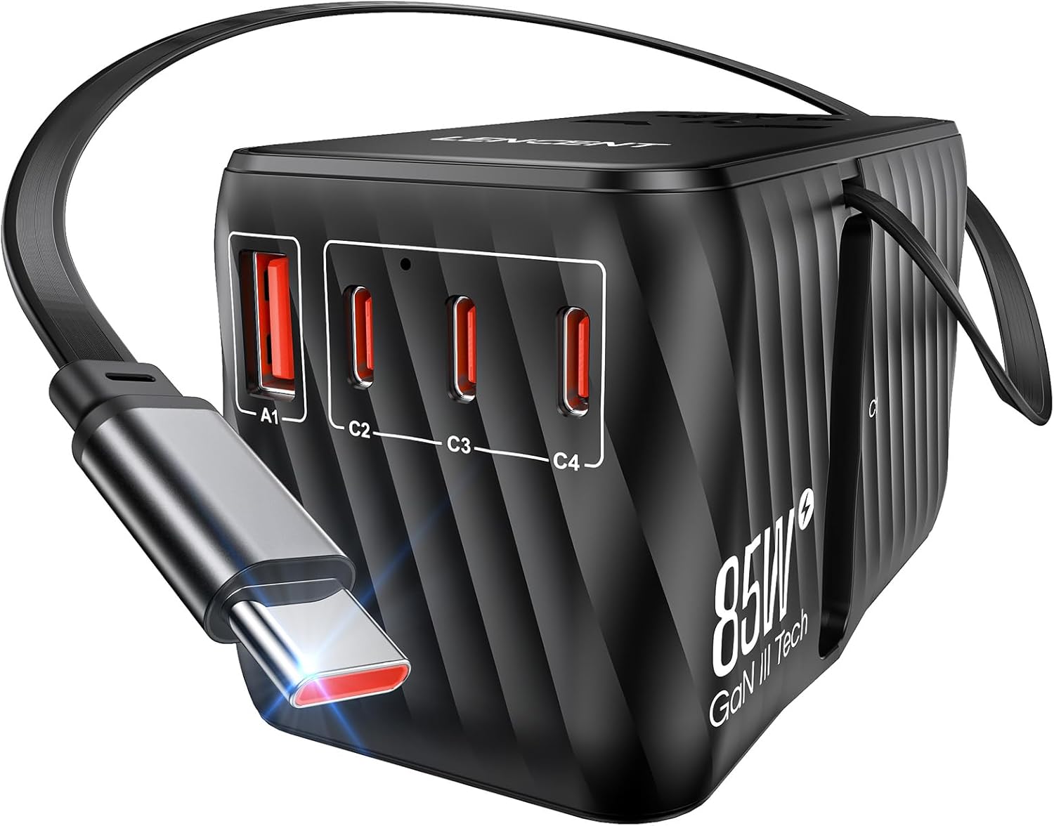 LENCENT 85W Universal Travel Adapter with Retractable USB C Cable, GaN International Plug Adapter with 3 Type C &1 USB A Ports Fast Charging, Worldwide Outlet Converter for US to European EU UK AUS