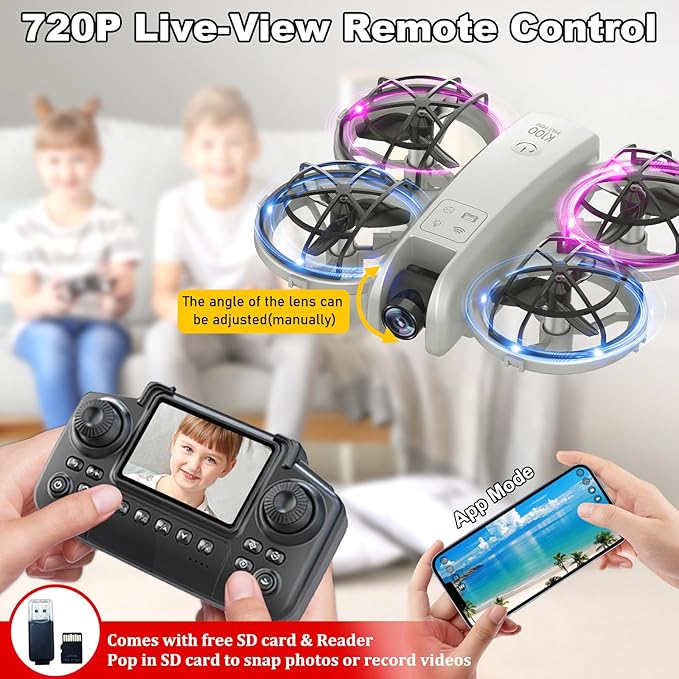 K100Max Mini Drones With Camera For Kids And Begginers, Indoor Small Helicopter Plane Quadcopter With Screen Remote Controller, Gift Toy for Boys and Girls, Headless Mode, 2 Batteries(Gray)-BubblyBeeBaby