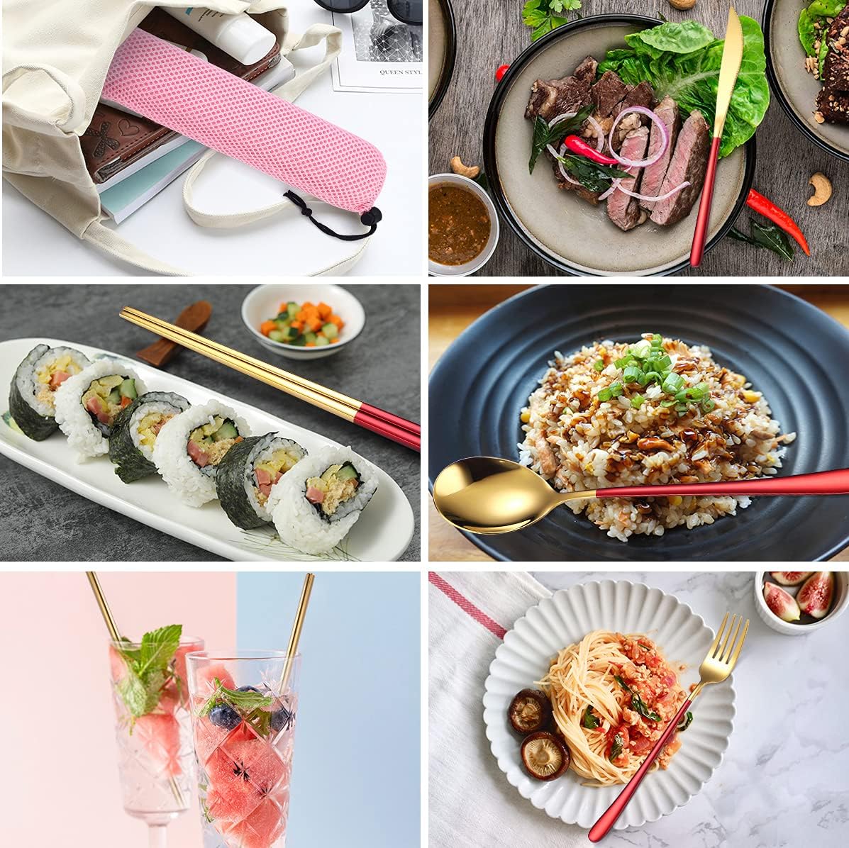 AARAINBOW 6 Pieces 18/8 Stainless Steel Flatware Set Portable Reusable Cutlery Set Travel Utensils Set Including Chopsticks Knife Fork Spoon Straws Cleaning Brush Dishwasher Safe (Red golden)