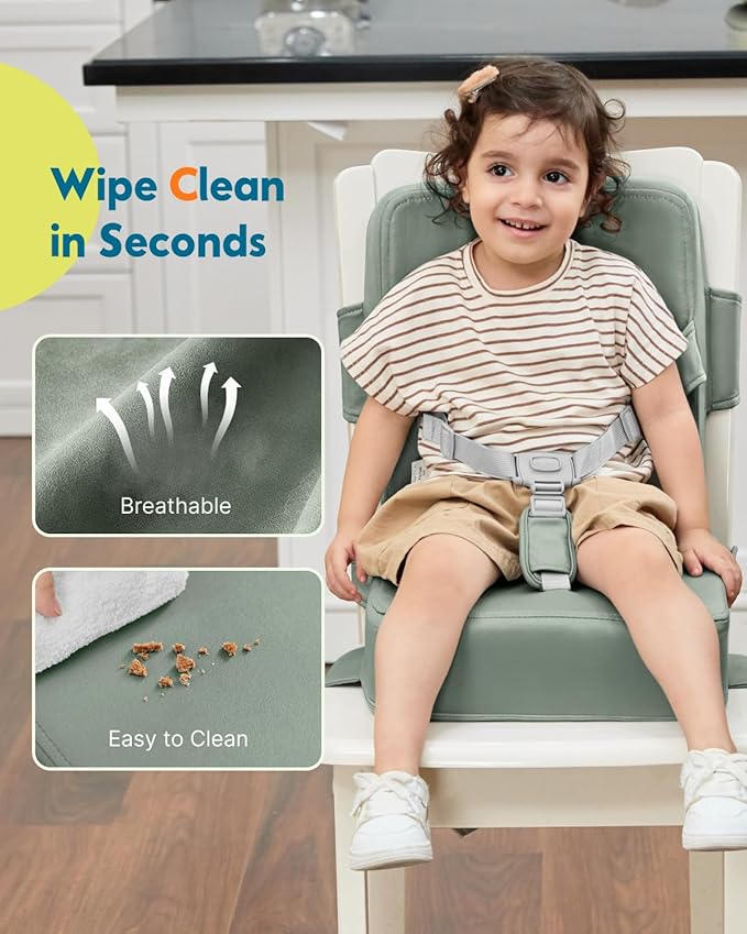 HOMEAL Toddler Booster Seat for Dining Table - Booster Seat for Kitchen Chair with Easy-Install Straps - Wipeable Surface & Removable Cover Easy to Clean -Breathable Fabric - Sage-BubblyBeeBaby