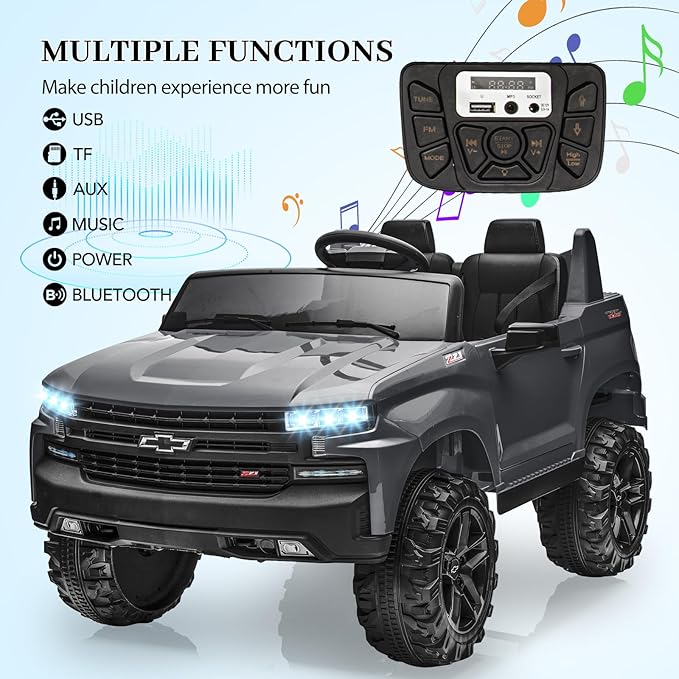 Hetoy 24V 2-Seater Truck Licensed Chevrolet Silverado Ride On Car Toy w/Parent Remote Control,4xSpring Suspension, 3 Speeds, Wireless Music, MP3 Player, Electric Vehicle Car for Kids,Grey-BubblyBeeBaby