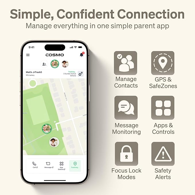 JrTrack 5 Kids Smart Watch by Cosmo | Best Kid-Safe Phone Watch | Precision Real-Time GPS Tracking | Call, Text, Activity, School Settings | Spotify Music | Parental Controls | SOS & Safety Alerts-BubblyBeeBaby