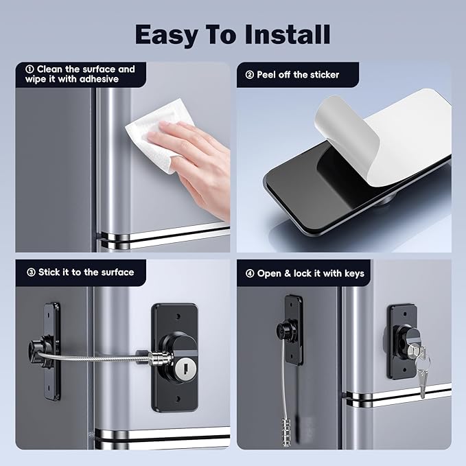 2 Pack Refrigerator Door Lock with Adhesive, No Tools Required, Child Proof Fridge Door Lock for Kids and Pets, Self Adhesive Latch for Freezer, Cabinets, Drawers, Air Oven, Windows (Patent)-BubblyBeeBaby