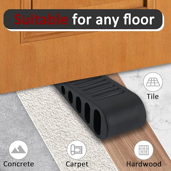 JQK Rubber Door Stopper Wedge, Black 2 Pack Soft TPR Premium Door Stops for Bottom of Heavy Duty Door on Tile, Concrete, Carpet, Wooden Floor, DSB61-BK-P2-BubblyBeeBaby