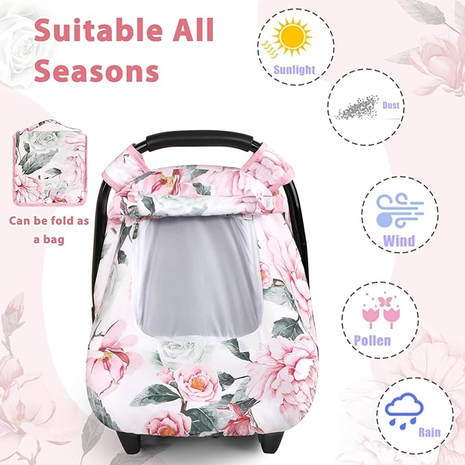 Pea Pod Car Seat Cover for Baby Girls, Floral Infant Car Seat Canopy Cover for Newborn, with 2 Layers Windows of Breathable Mesh/Fabric, 3D Minky Dot Backing, Ultra Soft & Comfortable-BubblyBeeBaby