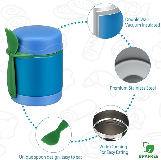 10oz Soup Thermo for Hot Food Kids,Lunch Thermo Kids Food Jar with Spoon Hot Insulated Food Containers,Leak Proof Stainless Steel Wide Mouth Lunch Food Jar for School(Blue)-BubblyBeeBaby