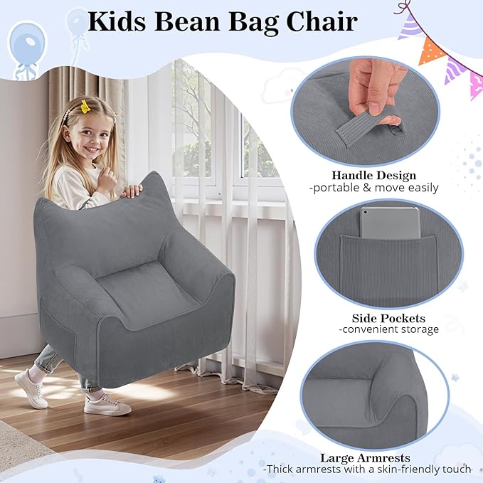 HOMMPA Bean Bag Chair for Kids Stuffed Toddler Bean Bag Sofa with Pocket Filler Cat Shaped Bean Bag Chair Boys and Girls Baby Lazy Floor Sofa Chair for Gaming Reading Playing Grey-BubblyBeeBaby