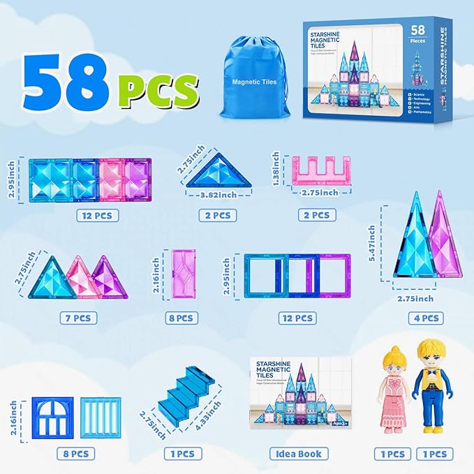 Ice Castle Magnetic Tiles-Sparkling Building Blocks, 3D Educational Toys for Kids, Construction STEM Toys for 3 4 5 6 7 8 Year Olds, Birthday Gift for Boys and Girls-BubblyBeeBaby