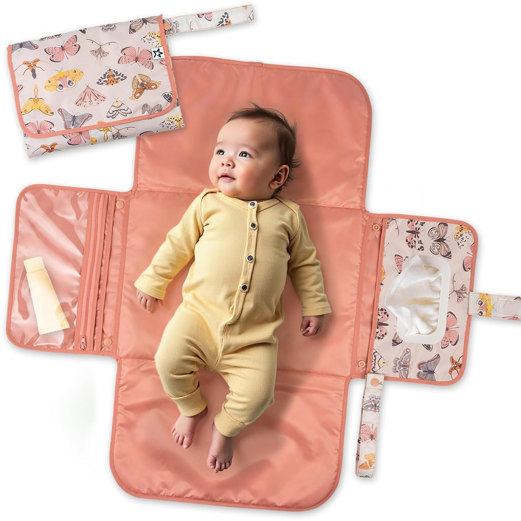 Tiny Twinkle Portable Diaper Changing Pad-Foldable Waterproof Changing Mat&Portable Changing Pad for Travel,Baby Changing Station with Smart Wipes Pocket&Storage (Flutter)